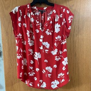 LOFT Red Floral V-Neck Blouse
